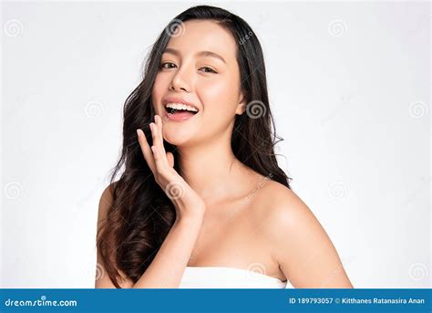 Beauty Face Smiling Asian Woman Touching Healthy Skin Portrait Stock