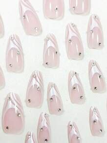 Sweet Cool Hot Girl S Piece Long Almond Shaped Simple Line Diamond Wearable Fake Nails Are