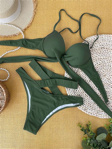 Bikini De Estilo Playero Para Mujer Traje De Ba O Sexy Con Cuello Halter Push Up