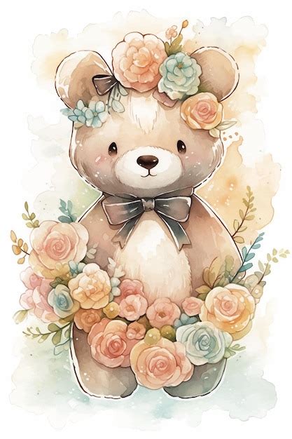 Una Pintura De Acuarela De Un Oso De Peluche Con Flores Vector Premium