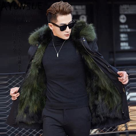 Ayunsue Real Fur Coat Mens Winter Jacket Man Coats Raccoon Fur Parka