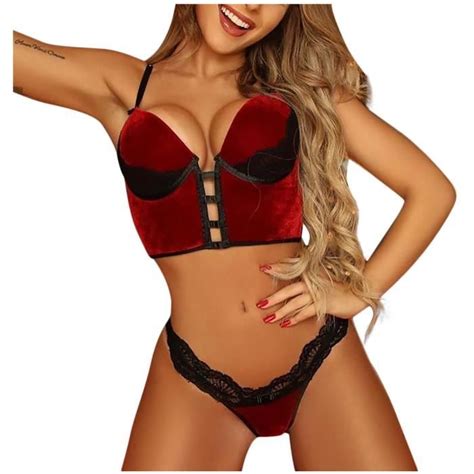 Ensemble Brassiere et String Tanga Pyjama en dentelle Satin Lingerie Femme Sous vêtements nuit