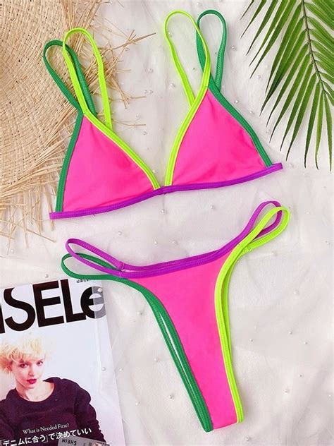 Emmiol Free Shipping Color Block Strappy Bikini Set Beetroot Purple S In Bikini Sets Online