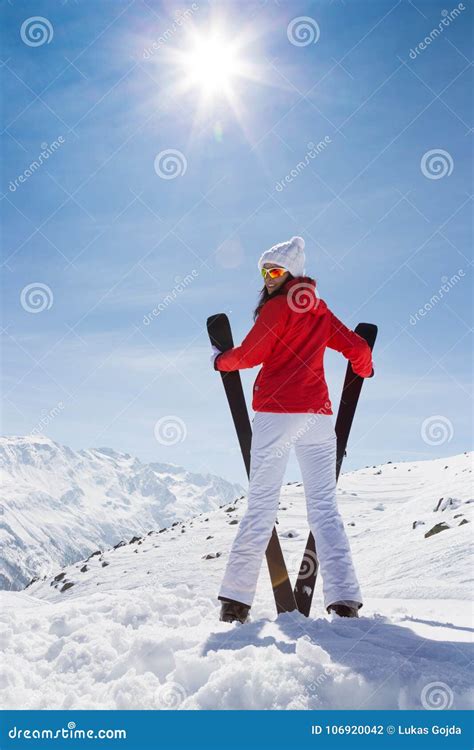 Beautiful Brunette Woman With Ski Stock Photo Image Of Relaxation People 106920042