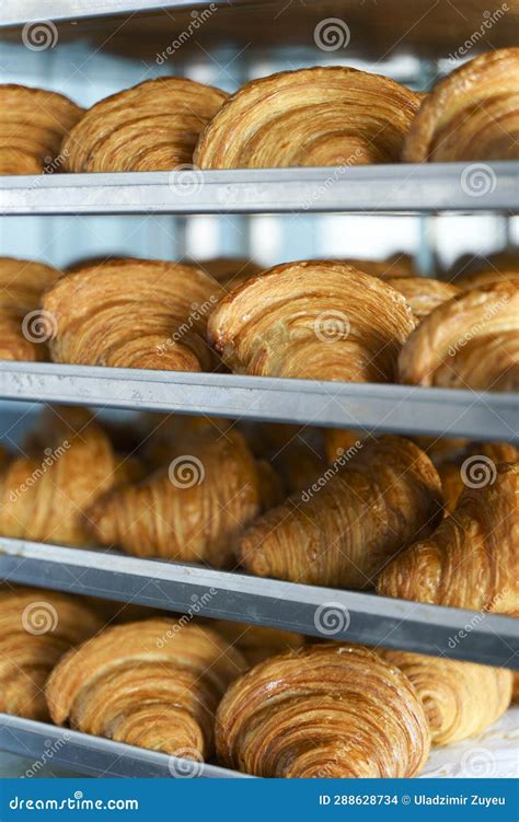 Croissants in a Bakery. Cooking Pastries in a Pastry Shop. French Crispy Croissants Close Up ...