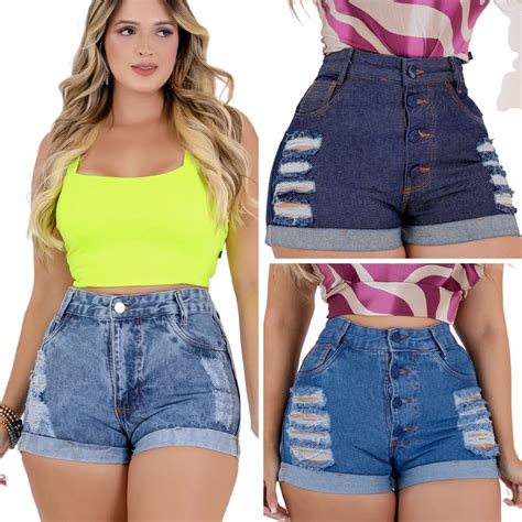 Kit 3 Short Feminino Jeans Short Curto Jeans Rasgado Fem Shopee Brasil