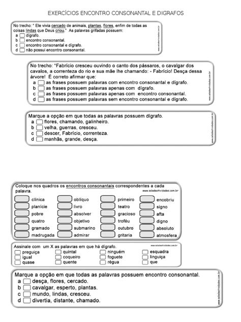 Encontro Consonantal E Dígrafo Exercícios - Exercícios Encontro Consonantal e Digrafos | PDF