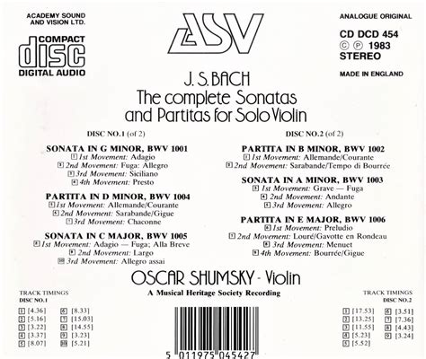 【目立った傷や汚れなし】廃盤超希少 2cd Asv 初期uk盤 オスカー・シュムスキー Jsバッハ 無伴奏ヴァイオリン・ソナタ