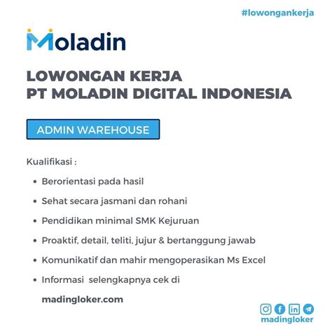 Lowongan Kerja PT Moladin Digital Indonesia ADMIN WAREHOUSE Kualifikasi ...