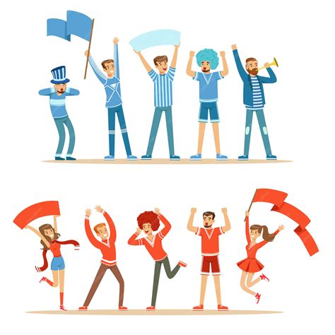 Two groups of football sports fans supporting teams in red and blue