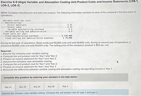 Solved Exercise Algo Variable And Absorption Costing Chegg