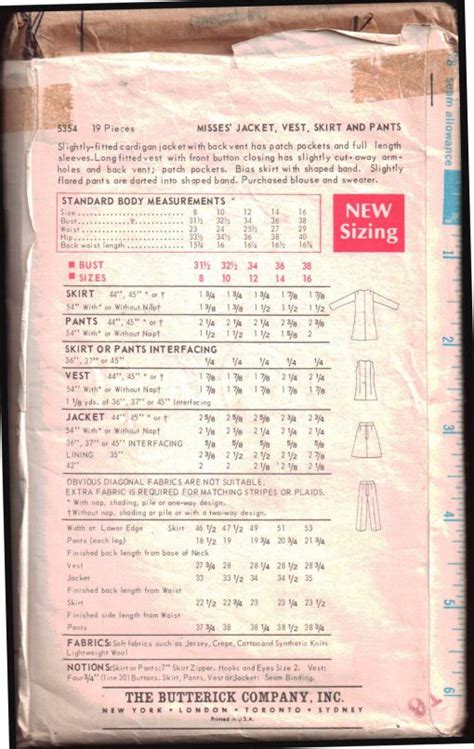 Butterick 5354 Jacket Vest Skirts Pants Size 14 Used Sewing Pattern