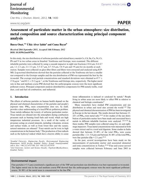 Pdf Assessment Of Particulate Matter In The Urban Atmosphere Size