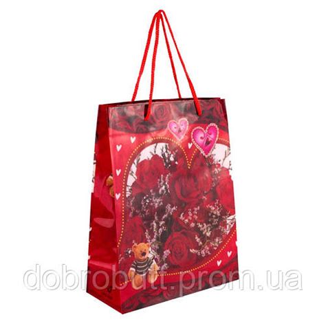 Сумочка подарочная пластиковая с ручками Gift bag Сердца и розы 23х18х7 ...