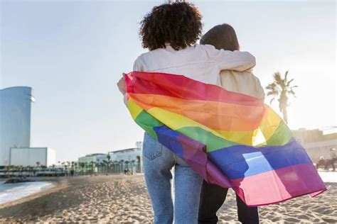 pareja de gay niñas caminando con el arco iris bandera