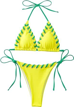 Amazon Oyoangle Women S Boho Piece Contrast Binding Triangle Halter Bikini Set Swimsuit