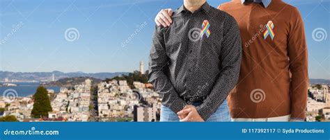 Close Up Of Couple With Gay Pride Rainbow Ribbons Stock Image Image Of Adult Lgbt