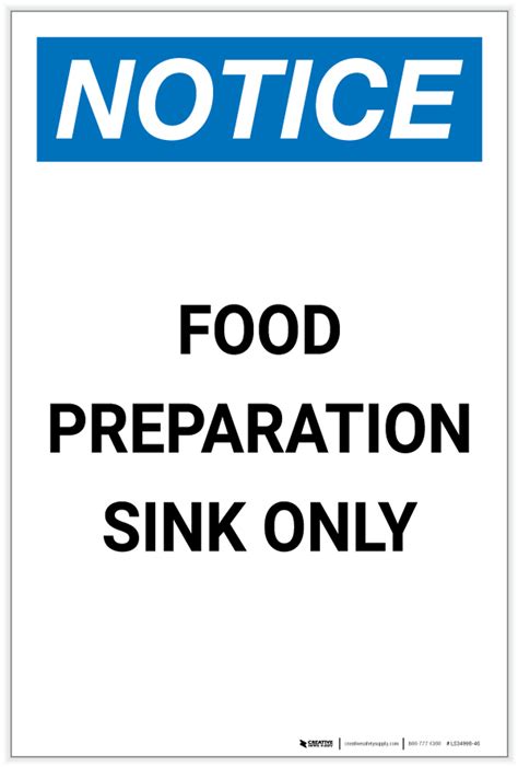 Notice Food Preparation Sink Only Portrait Label Creative Safety