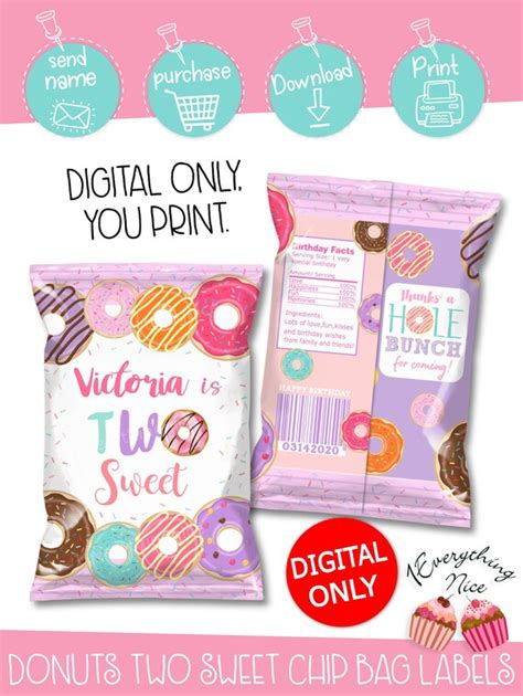 Digital Download Donut Donuts Two Sweet Birthday Chip Bag Labels Digital Printable By