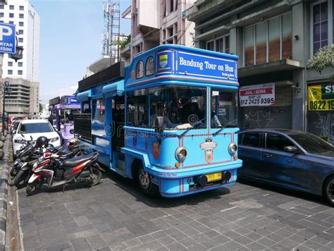 Blue Tour Bus In Braga Street In Bandung Indonesia Editorial Image