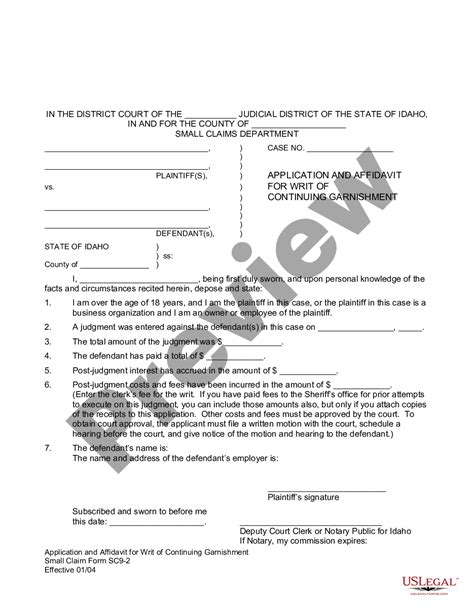 Idaho Application And Affidavit For Writ Of Continuing Garnishment Us Legal Forms