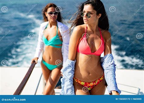 Beautiful Happy Women In Bikini Enjoying Summer Vacation Stock Photo Image Of Slim Sunglasses