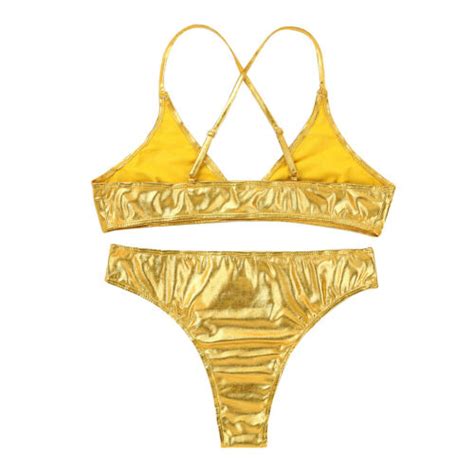 Women S Shiny Metallic Bikini Set Push Up Bra Micro Thong Swimsuit Bathing Suit EBay