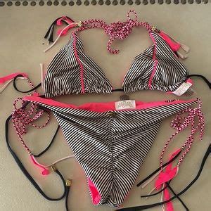 Beach Bunny Swim Beach Bunny Neon Pinkbw Striped Lined Bikini With Braided Straps Wgold