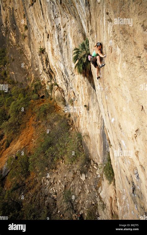 A Rock Climber Ascends A Steep Rock Face In Mexico Stock Photo Alamy