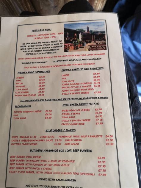 Menu at Reefs Bar, Sea Palling