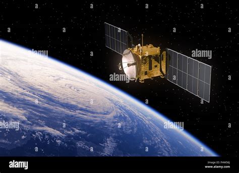 Communication Satellite Orbiting Earth. Realistic 3D Scene Stock Photo ...