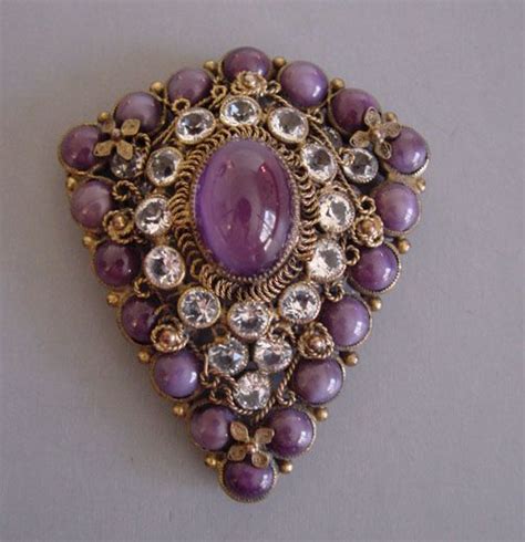 Hobe Purple Glass Cabochons And Clear Rhinestones Brooch Circa 1940