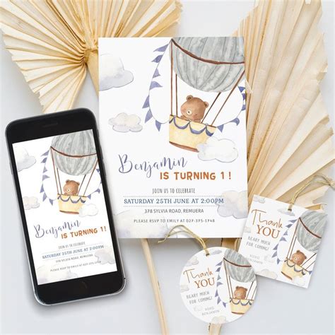 Editable Hot Air Balloon Birthday Invitation Hot Air Balloon Etsy