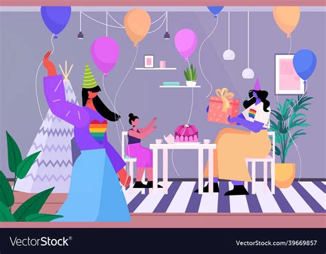 Lesbian Female Parents Celebrating Birthday Party Vector Image