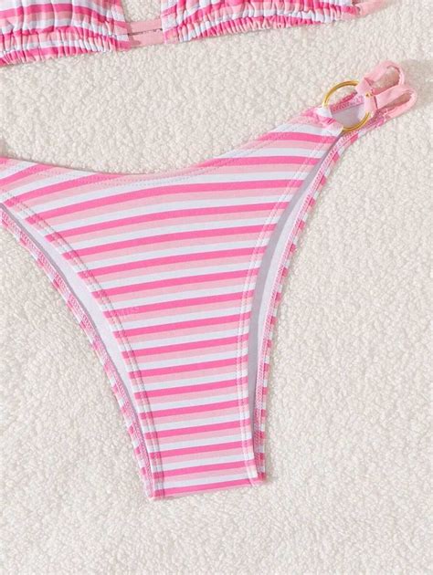 Women S Summer Beach Vacation Striped Halter Tie Sexy Bikini Piece Swimwear Set For Sale