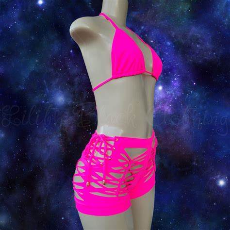 Neon Pink Slit Weave Woven Bikini Shorts Set Exotic Dancewear Stripper Clothing Rave Festival