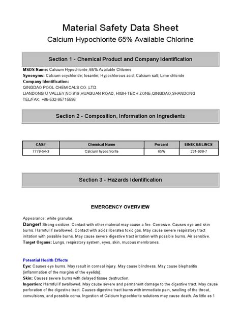 Msds-Calcium Hypochlorite 65% | PDF | Chlorine | Combustion