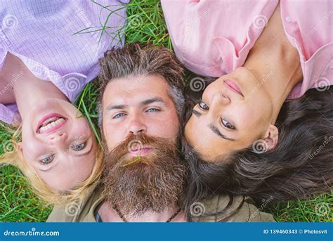 Blonde And Brunette Lay On His Shoulders Man Fall In Love Both Women Happy Threesome Stock