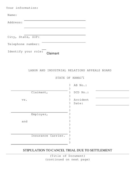 Hawaii Stipulation To Cancel Trial Due To Settlement Fill Out Sign