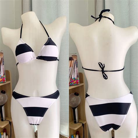 Shein Black White Stripped Halter Bikini Swimsuit On Carousell