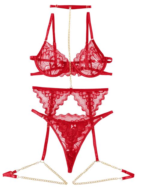 Snapklik Sexy Choker Floral Lace Scallop Sheer Underwire Push Up Garter Belt Lingerie Set