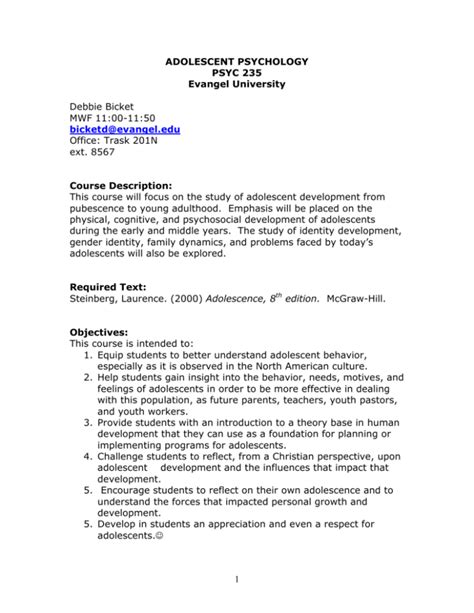 ADOLESCENT PSYCHOLOGY Syllabus Spring 2008