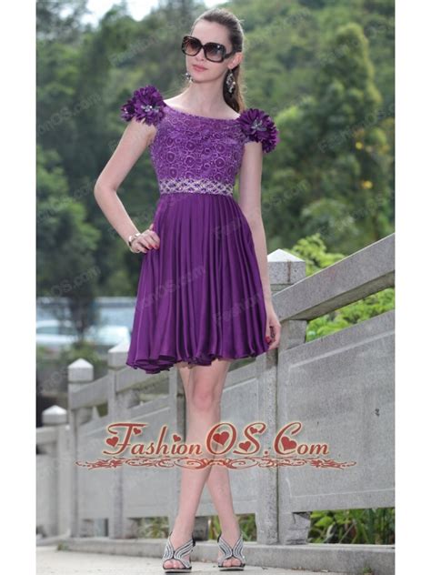 Eggplant Purple A Line Bateau Mini Length Elastic Woven Satin Beading