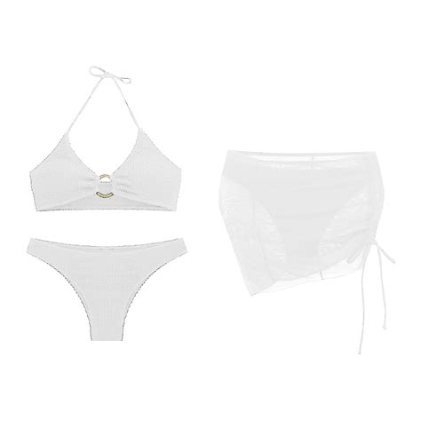 Womens Swimsuits 3 Piece Bathing Suits Halter Ring Bikini Set With Cover Up Skirt Swimwear Sizes