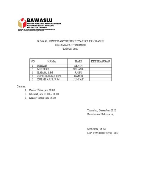 Jadwal Piket Kantor Sekretariat Panwaslu Pdf