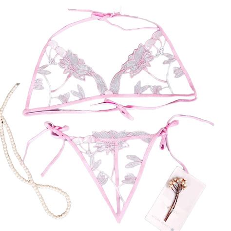 Jual Lingerie Wanita Sexy Bikini Malam Transparan Bunga Bordir Set Tali Sisi Lace Bra Dan Thongs