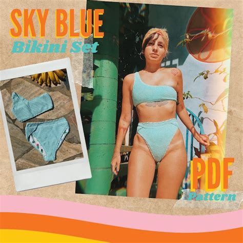 Sizes Xs S M L Blue Sky Bikini Set Pattern High Waisted Etsy