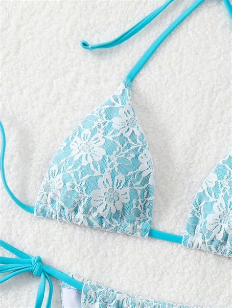 Shein Swim Mod Conjunto De Bikini Mini De Tri Ngulo Con Cuello Halter Atado Lateral Y Encaje