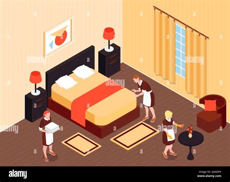 Hotel Room Isometric Background With Maids And Cleaner Preparing Hotel