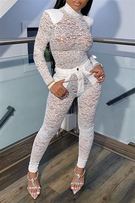 Lovely Sexy Turtleneck See Through White Two Piece Pants Setlw